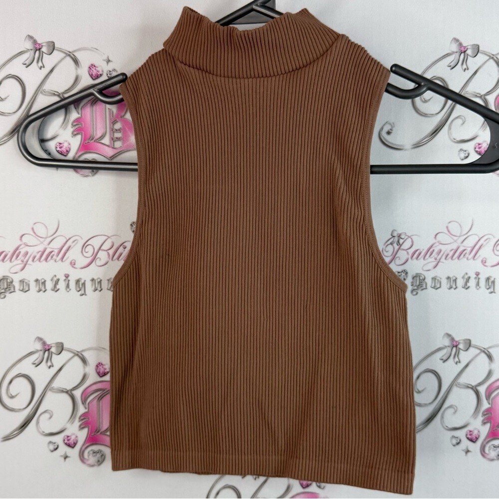 Zara crop tank top turtleneck mock neck stretchy Brown Ribbed Crop Top